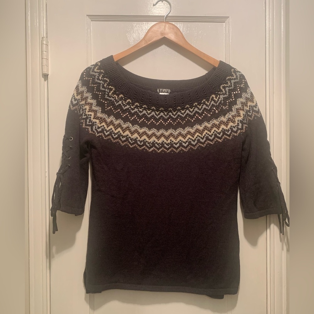 Venus fair isle grey cozy cotton blend embellished sweater w/ lace up sleeves M